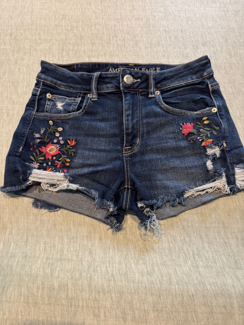 American Eagle Outfitters Dark Indigo Denim Shorts with Floral Embroidery